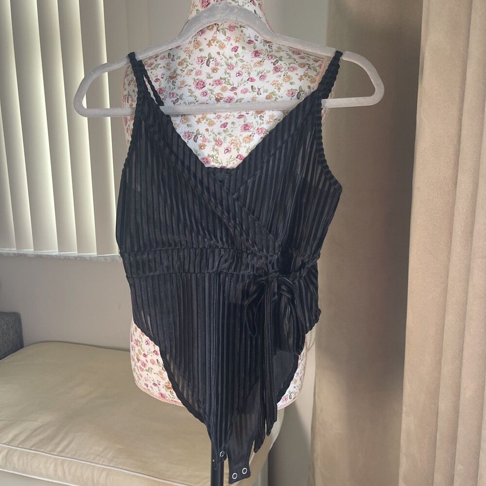 Forever 21 Black Pinstripe faux wrap velour side knot Bodysuit S